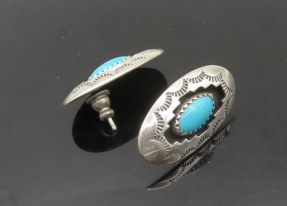 NAVAJO 925 Silver  Vintage Turquoise Etched Pattern Drop Earrings  EG10451