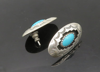 NAVAJO 925 Silver  Vintage Turquoise Etched Pattern Drop Earrings  EG10451