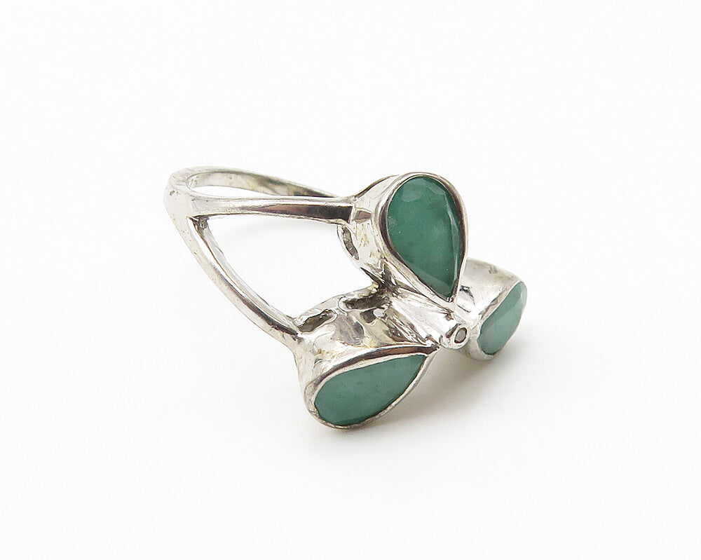 925 Sterling Silver  Tear Drop Emerald Floral Motif Band Ring Sz 6.5  RG10557