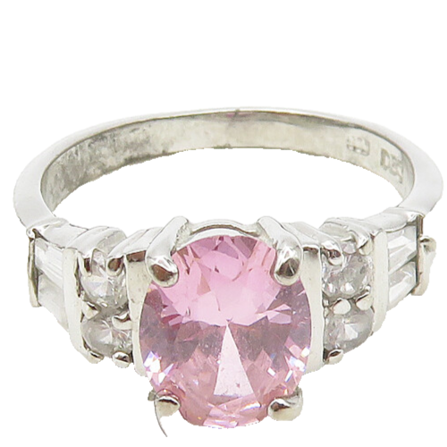 925 Sterling Silver  Shiny Pink & White Cubic Zirconia Band Ring Sz 7  RG17102