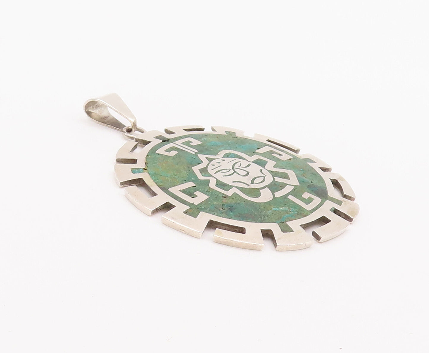 925 Sterling Silver Vintage Pendant TAXCO Carved Sun Inlay Turquoise  PT23116