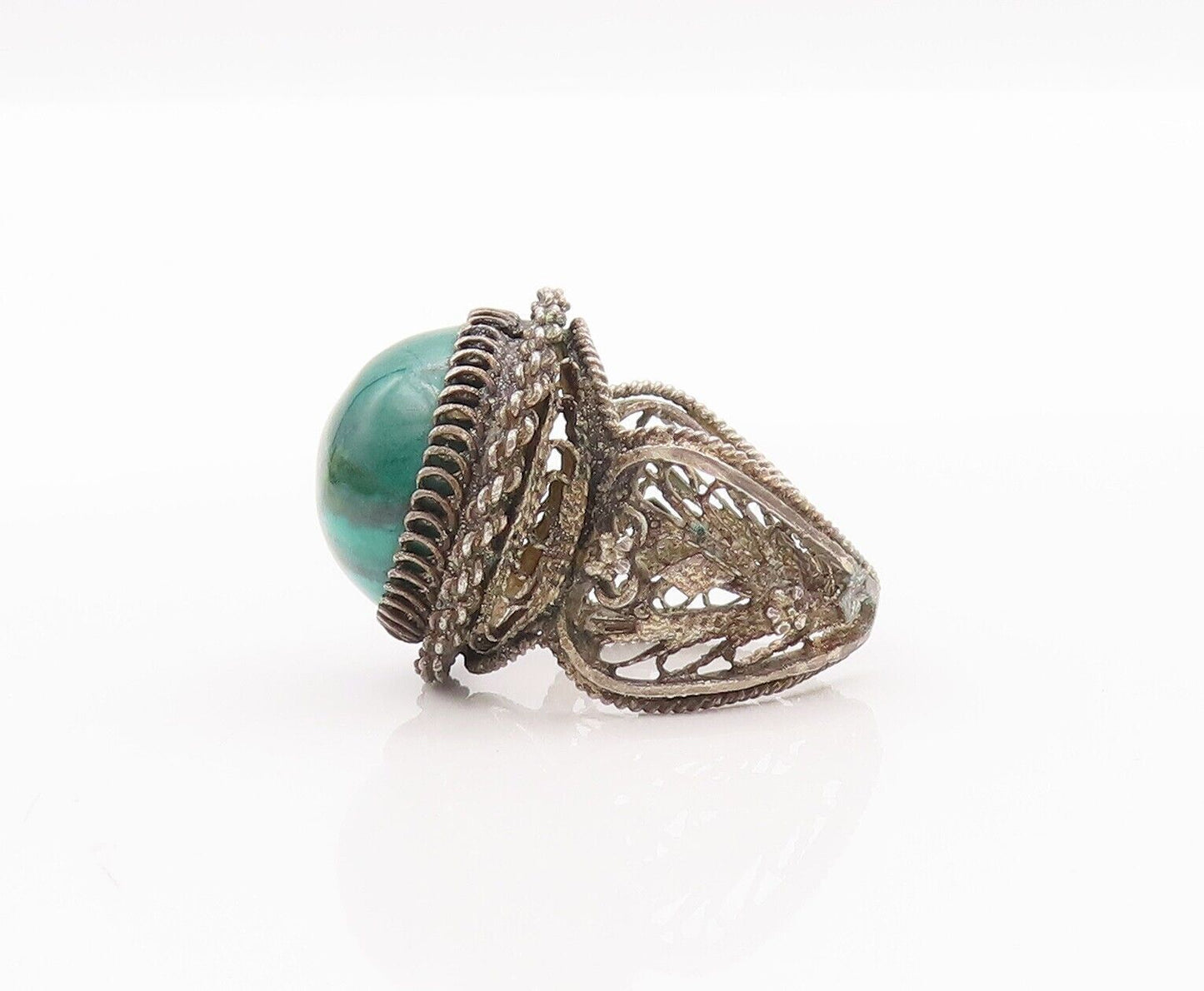 925 Sterling Silver Vintage Ring ISRAEL Floral Cutout Malachite  Sz 5.5  RG28486