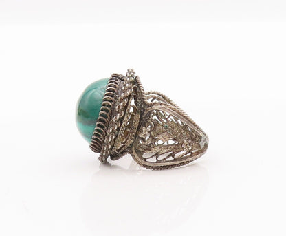 925 Sterling Silver Vintage Ring ISRAEL Floral Cutout Malachite  Sz 5.5  RG28486