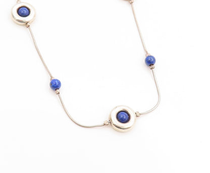 925 Sterling Silver Vintage Necklace Minimalist Chain With Blue Beads   NE4668