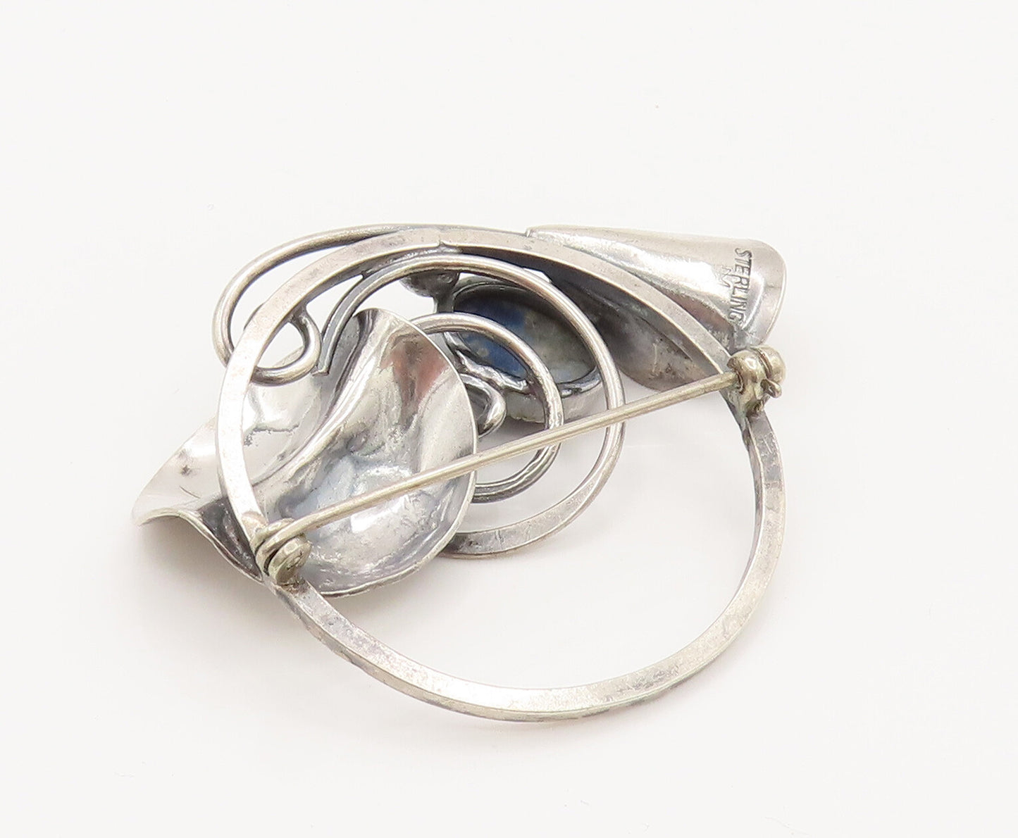 DESIGNER 925 Silver  Vintage Lapis Lazuli Calla Lily Stem Brooch Pin  BP10123