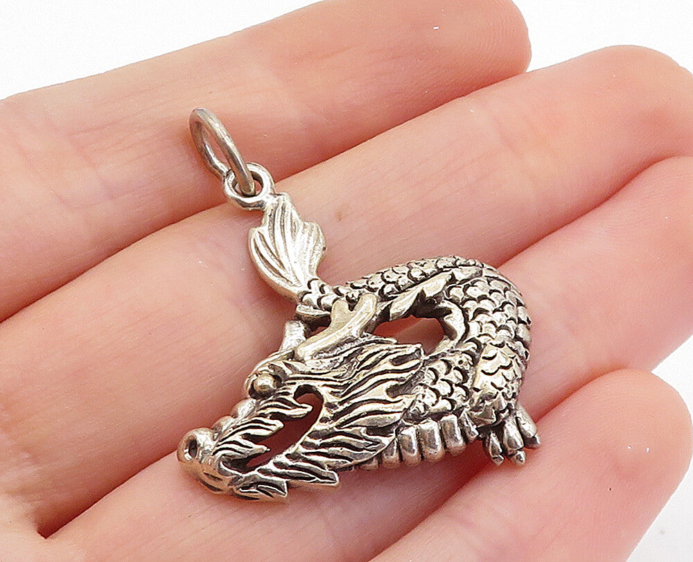925 Sterling Silver  Vintage Petite Dark Tone Dragon Motif Pendant  PT5853