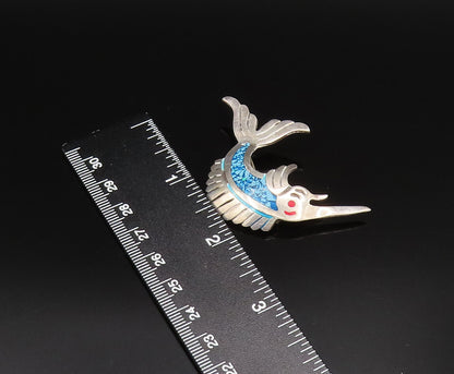 EVC MEXICO 925 Silver  Vintage Enamel & Turquoise Swordfish Brooch Pin  BP9990