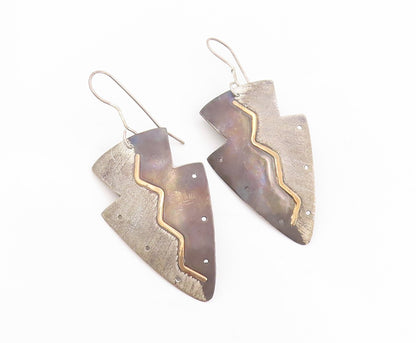 14k Gold & 925 Sterling Silver Vintage Earrings Designer Zigzag Dangle  EG14027