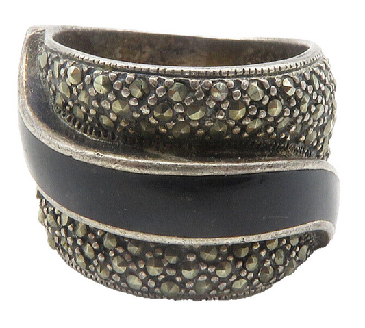 925 Sterling Silver  Vintage Black Onyx & Marcasite Band Ring Sz 6.5  RG12103