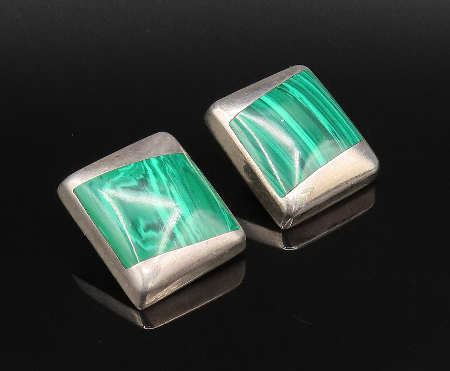 MEXICO 925 Silver  Vintage Inlaid Malachite Non Pierced Earrings  EG12197