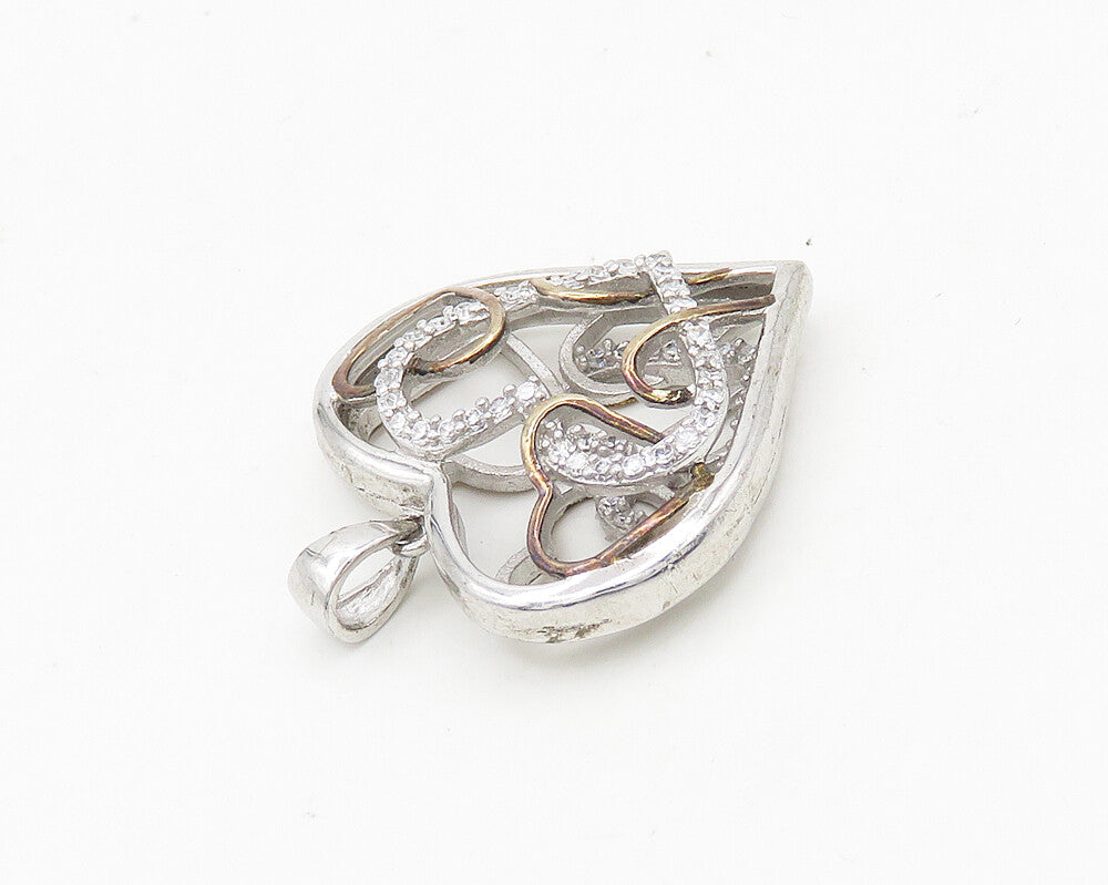 925 Sterling Silver  Topaz Shiny Two Tone Open Love Heart Pendant  PT14616
