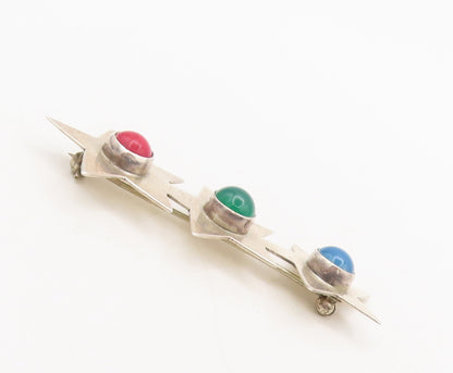 925 Sterling Silver Vintage Brooch Pin MEXICO Three Gemstone Solid Star  BP10536