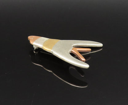 925 Sterling Silver  Vintage Tri Tone Modernist Fish Brooch Pin  BP9690