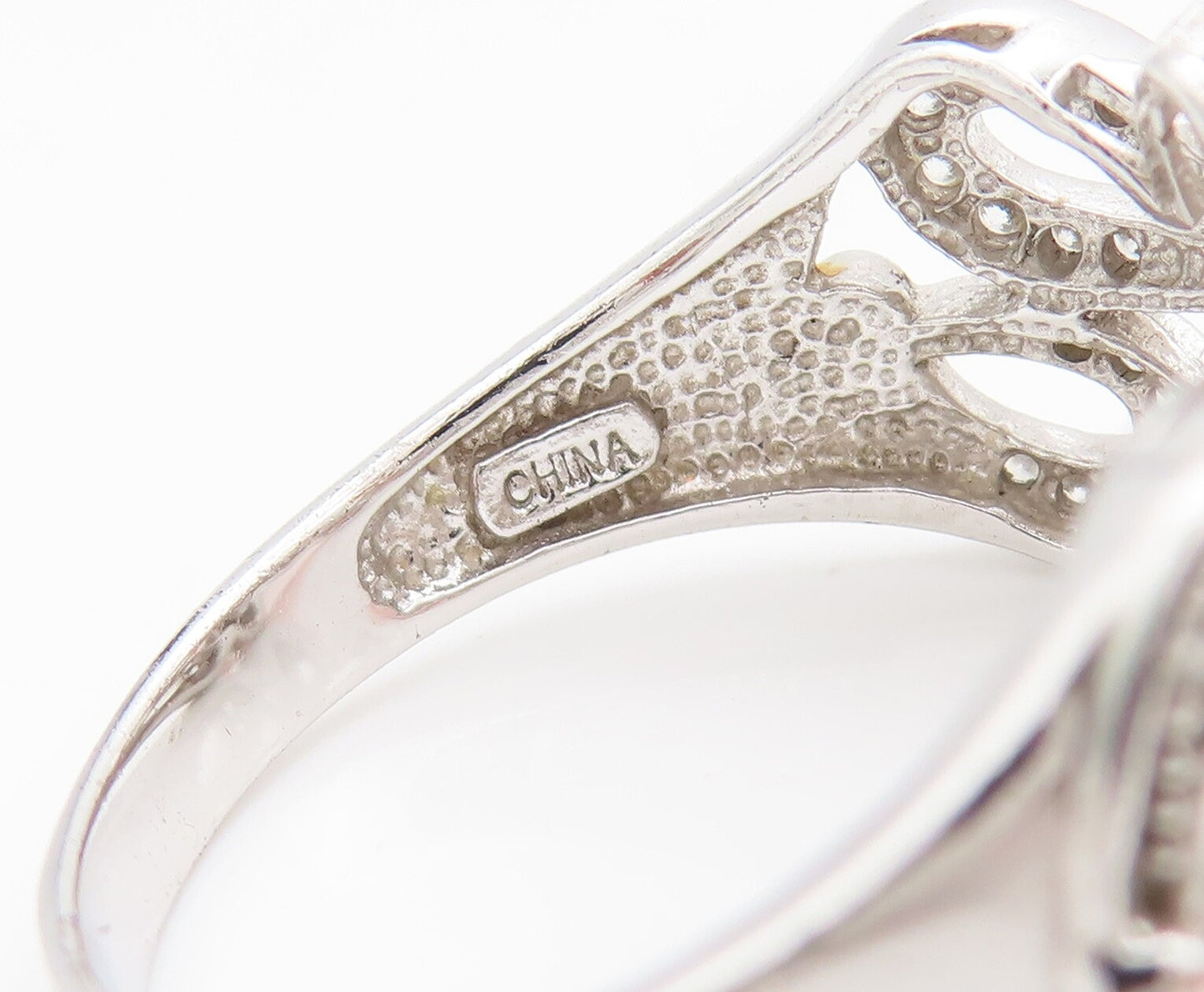 925 Sterling Silver Vintage Ring Solid Cutout CZ Beaded Flowers Sz 10.5  RG28301