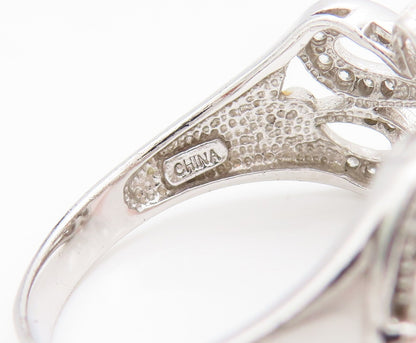 925 Sterling Silver Vintage Ring Solid Cutout CZ Beaded Flowers Sz 10.5  RG28301