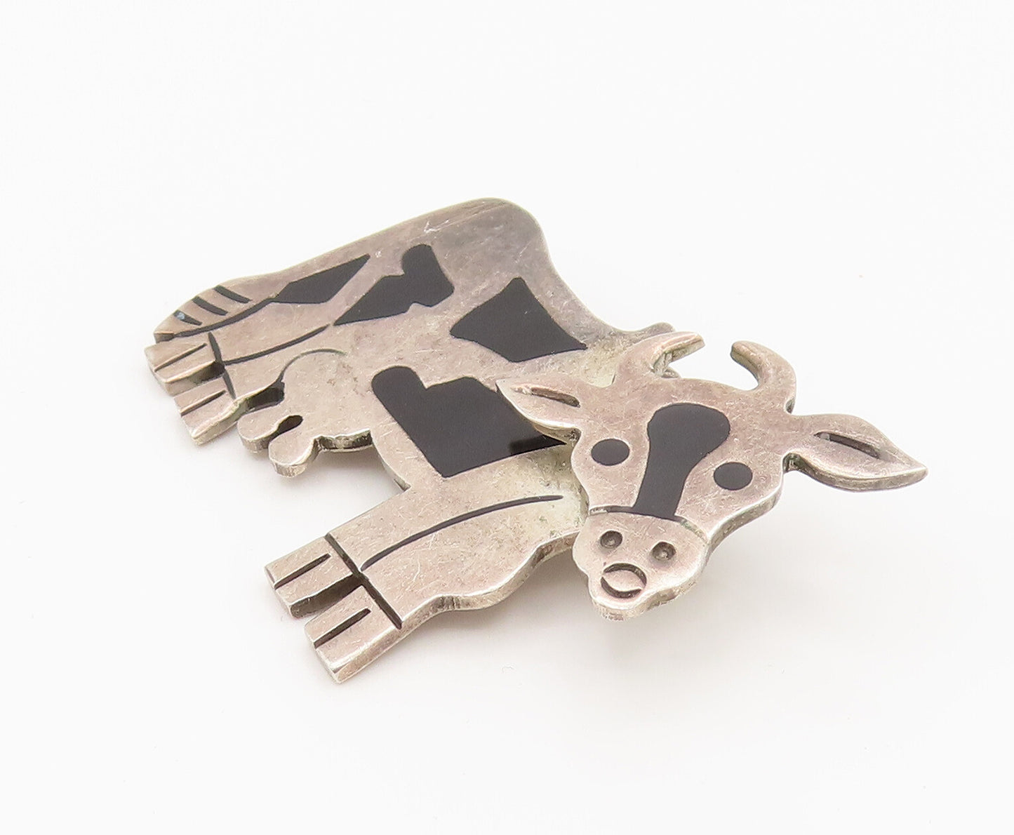 MEXICO 925 Silver  Vintage Enamel Cow With Moving Head Brooch Pin  BP10138