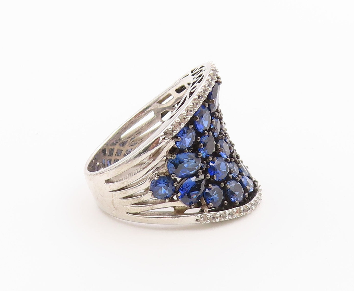 925 Sterling Silver Vintage Ring Sapphire Wide Cluster Band  Sz 12.5  RG36464