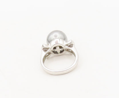 925 Sterling Silver Vintage Ring Large Pearl CZ Side Fan Effect Sz 6  RG27652