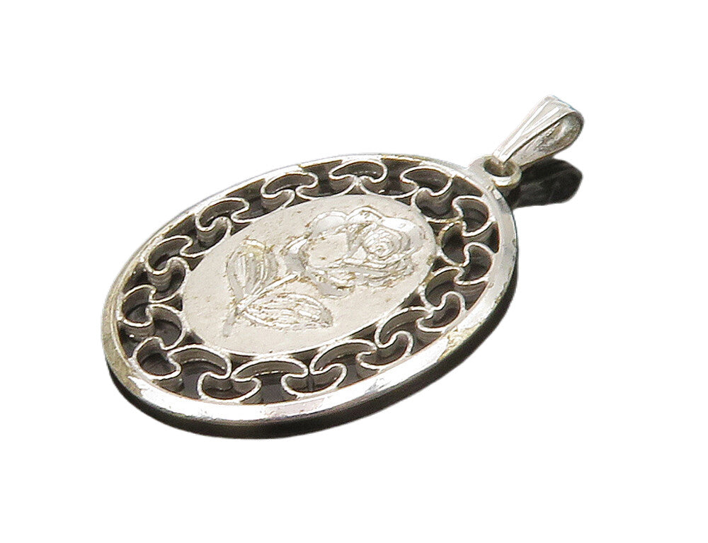 BEAU 925 Sterling Silver  Vintage Shiny Etched Rose Flower Pendant  PT13339