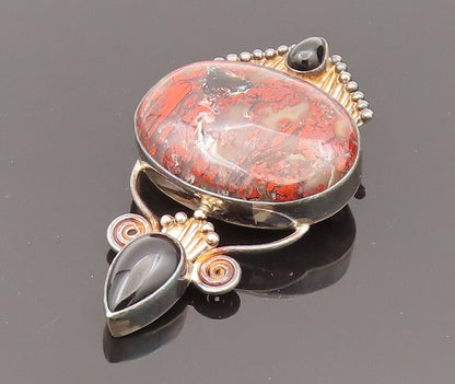 SAJEN 925 Silver  Vintage Brecciated Jasper & Black Onyx Brooch Pin  BP10226