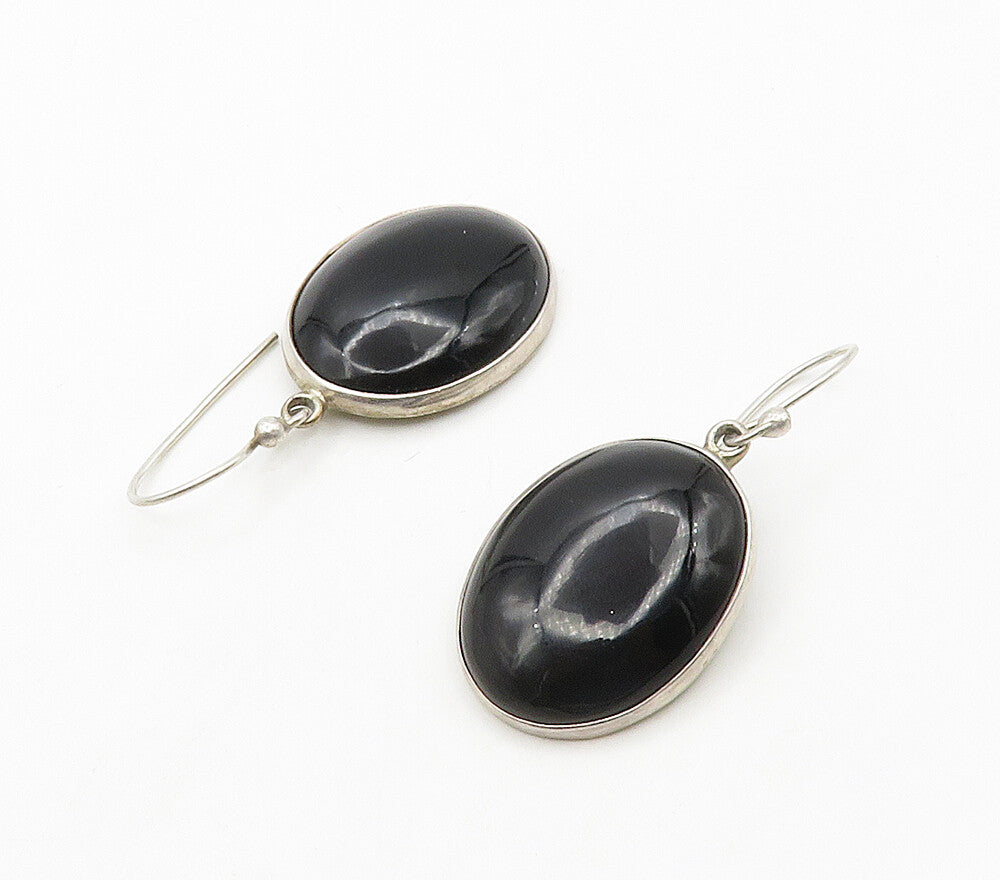 925 Sterling Silver  Vintage Cabochon Cut Black Onyx Dangle Earrings  EG7972