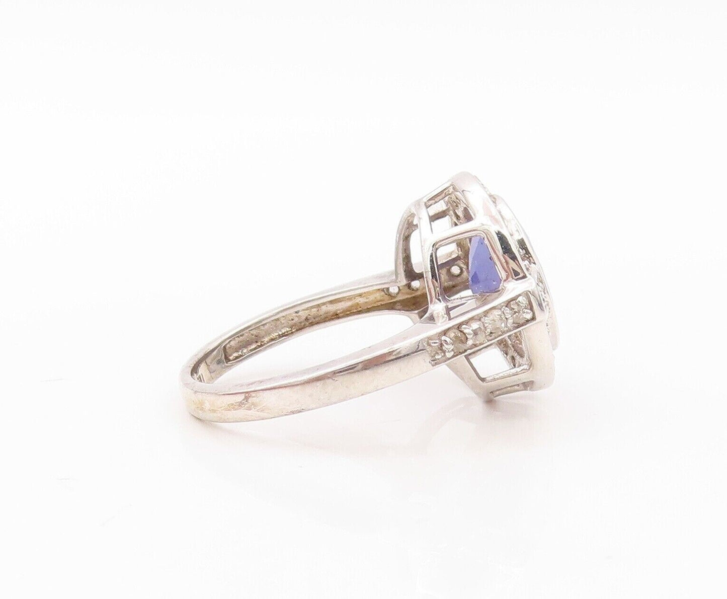 925 Sterling Silver Vintage Ring Oval Tanzanite Halo Diamonds  Sz 7  RG30182