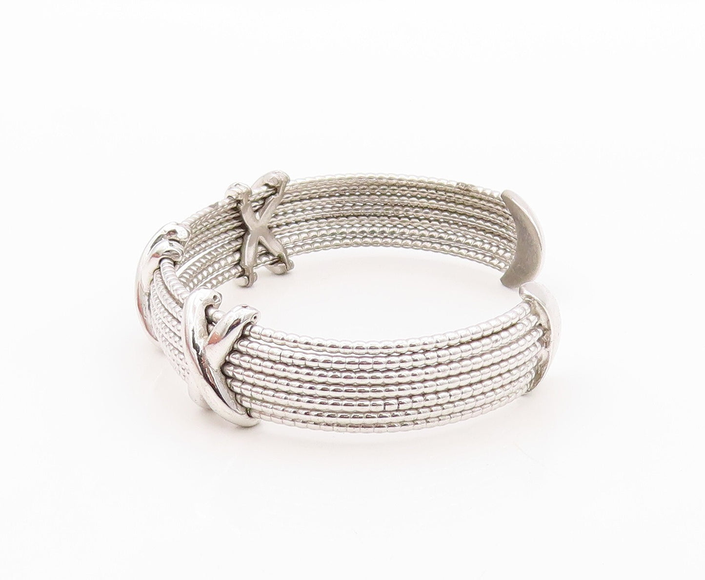925 Sterling Silver Vintage Bracelet Beaded Bands carved X Cuff  BT10789