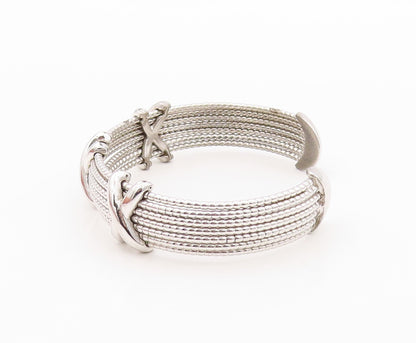 925 Sterling Silver Vintage Bracelet Beaded Bands carved X Cuff  BT10789