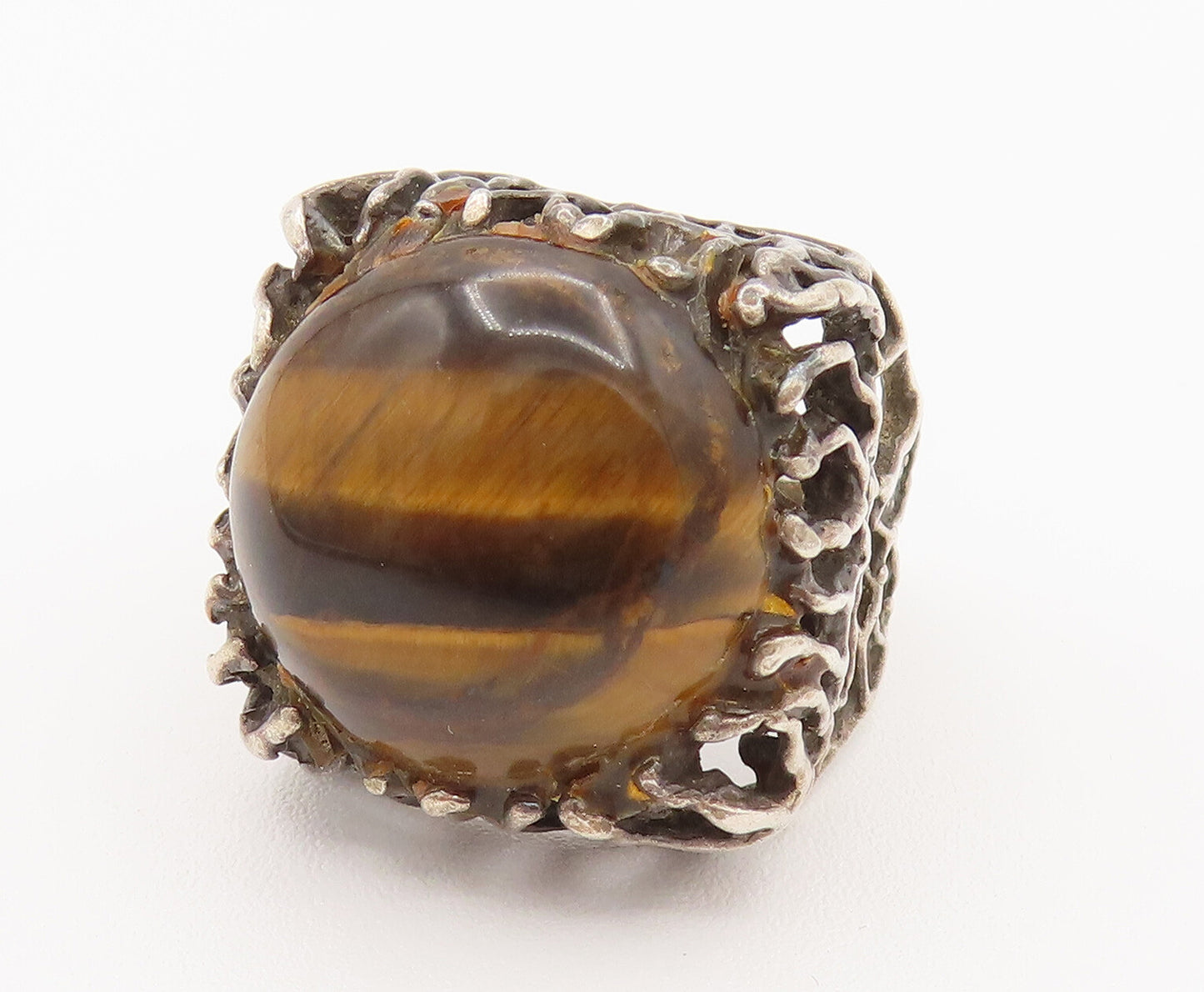 ISRAEL 925 Silver  Vintage Openwork Shank Tiger's Eye Ring Sz 8.5  RG26217