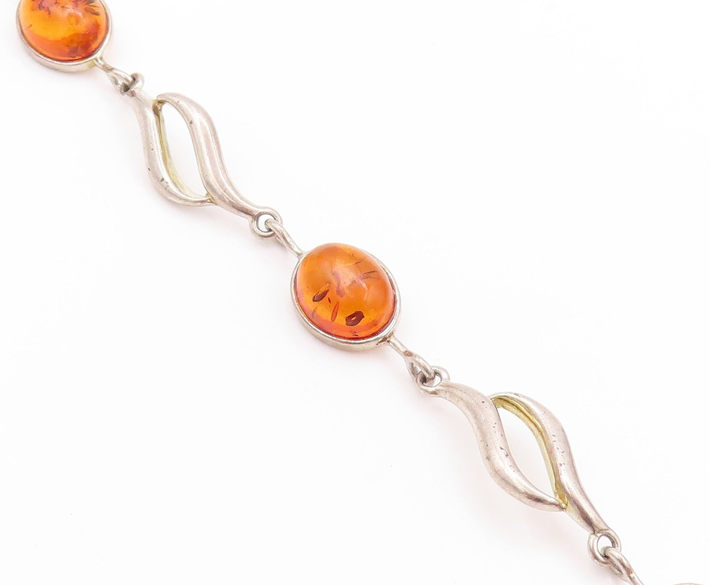 925 Sterling Silver Vintage Bracelet Cabochon Honey Amber Swirly Design  BT11257
