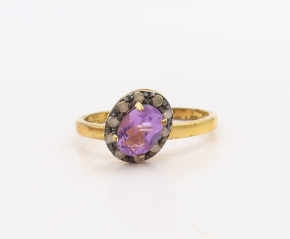 925 Sterling Silver Vintage Ring Gold Plated Diamonds & Gemstones  Sz 8  RG30536