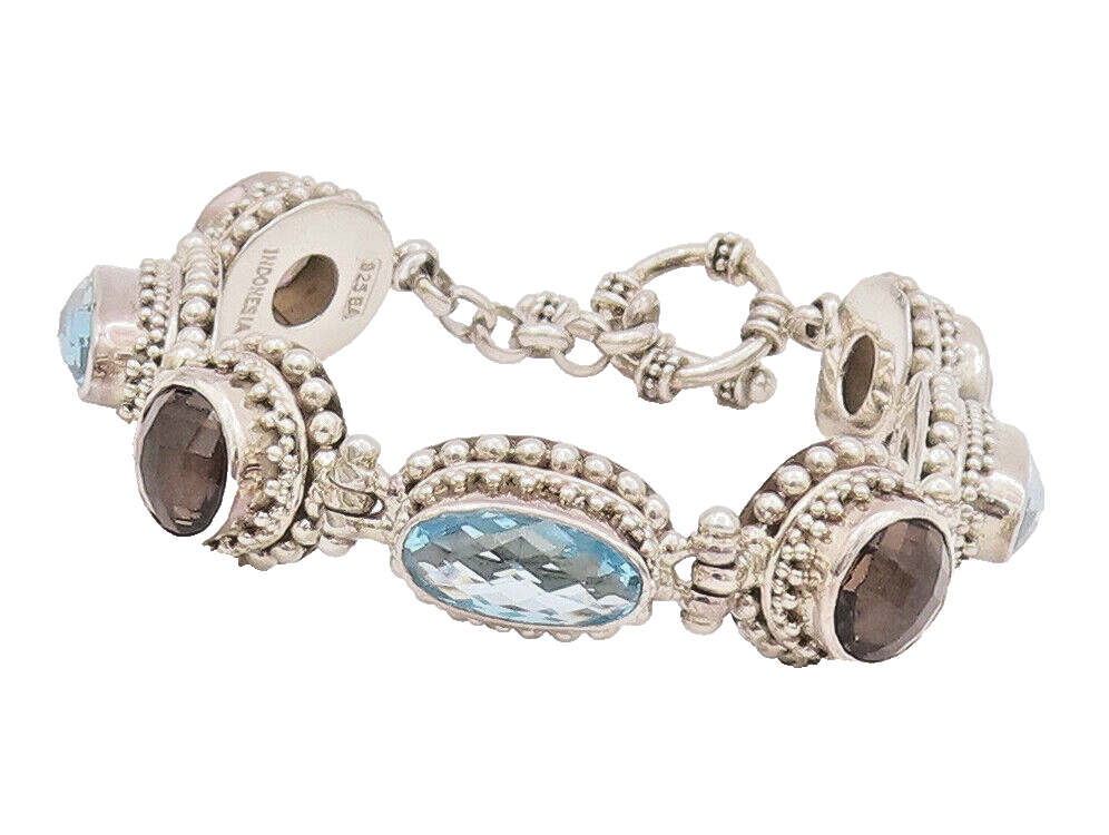 925 Sterling Silver Vintage Bracelet BALI Carved Beaded Two Tone Topaz  BT10397
