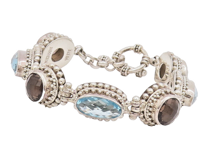 925 Sterling Silver Vintage Bracelet BALI Carved Beaded Two Tone Topaz  BT10397