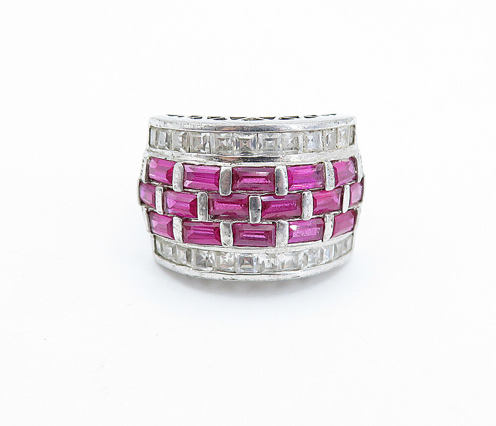 SETA 925 Silver  Pink & White Topaz Brick Layer Shiny Band Ring Sz 7  RG6665