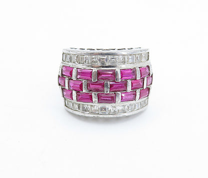 SETA 925 Silver  Pink & White Topaz Brick Layer Shiny Band Ring Sz 7  RG6665