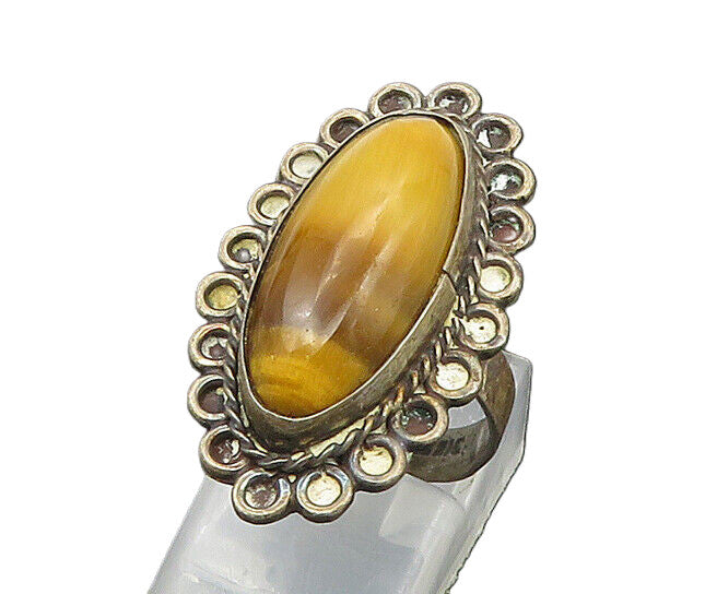 MEXICO 925 Silver  Vintage Tiger's Eye Floral Cocktail Ring Sz 7  RG17453