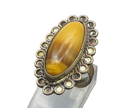 MEXICO 925 Silver  Vintage Tiger's Eye Floral Cocktail Ring Sz 7  RG17453