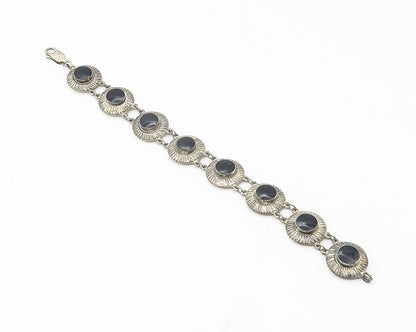 925 Sterling Silver  Vintage Black Onyx Etched Round Chain Bracelet  BT4544