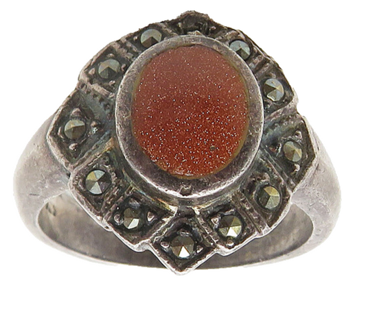 925 Sterling Silver  Vintage Goldstone & Marcasite Band Ring Sz 6.5  RG18602