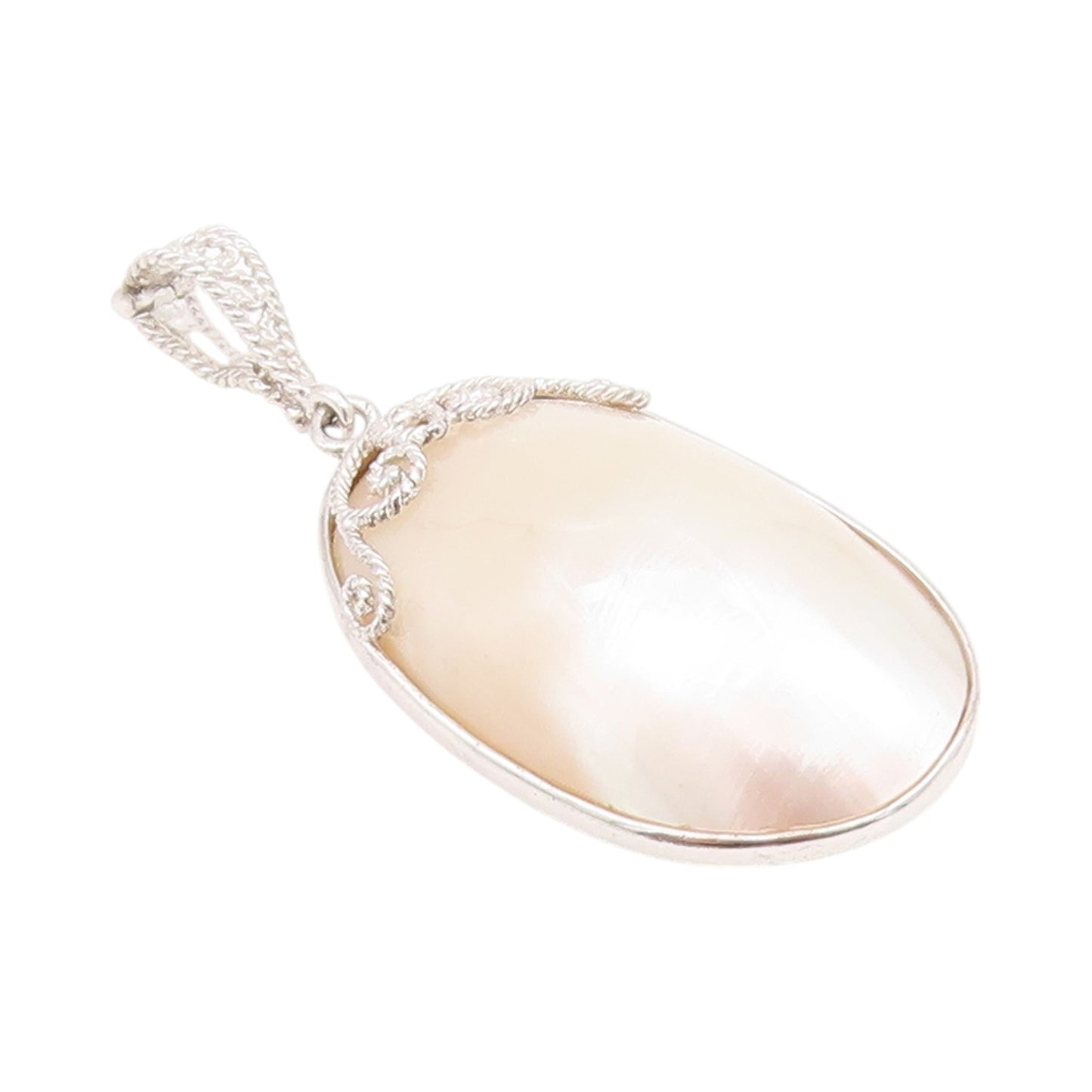 925 Sterling Silver Vintage Pendant Modernist Carved Mother Of Pearls  PT24320