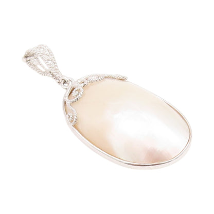 925 Sterling Silver Vintage Pendant Modernist Carved Mother Of Pearls  PT24320