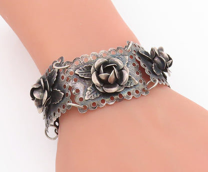 925 Sterling Silver Vintage Bracelet Dark Tone Floral Roses Link Chain  BT11429