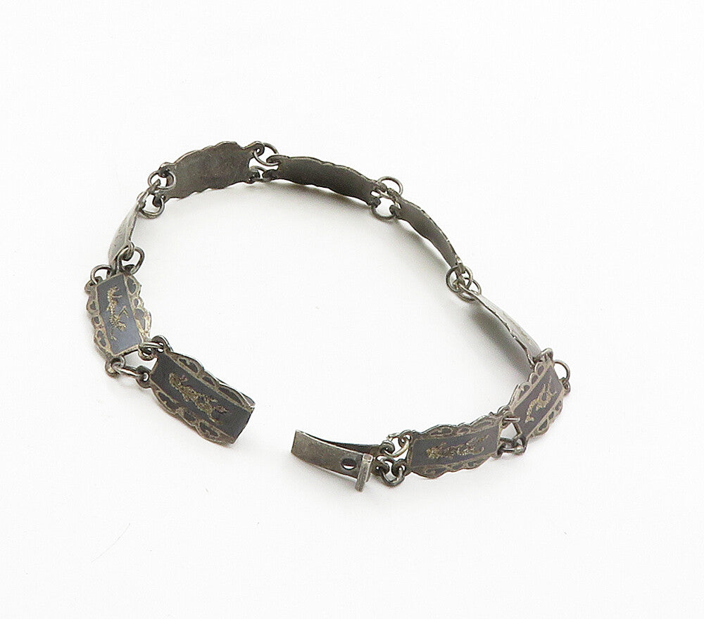 SIAM 925 Sterling Silver  Vintage Niello Enamel Dancer Chain Bracelet  BT6426