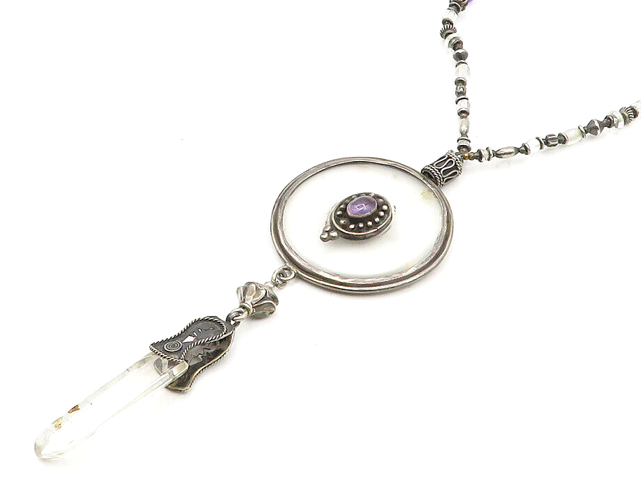 DESIGNER 925 Silver  Vintage Amethyst & Topaz Beaded Chain Necklace  NE2864