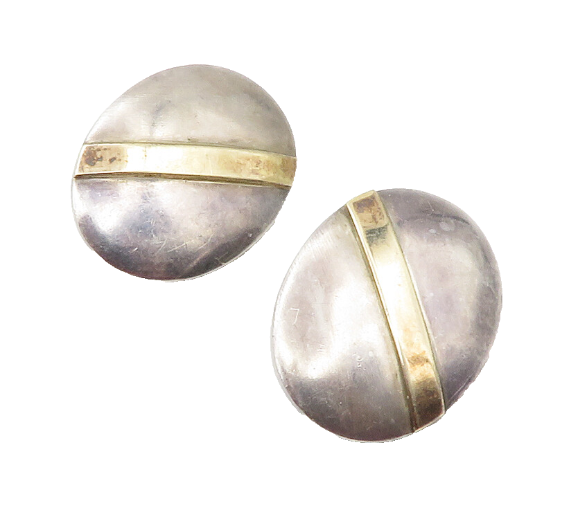 925 Silver & 14K GOLD  Vintage Two Tone Oval Non Pierce Earrings  EG6417