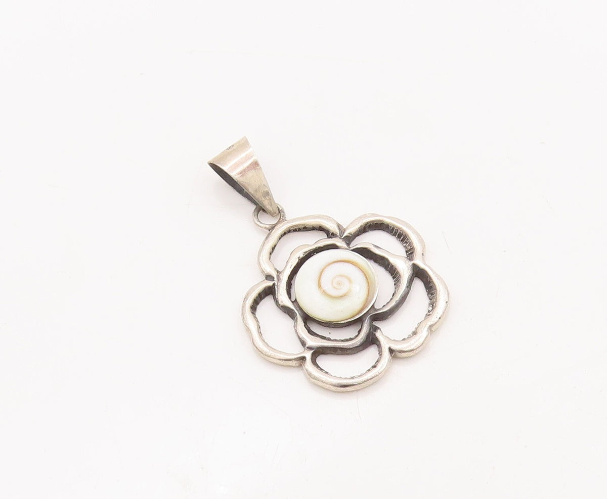925 Sterling Silver Vintage Pendant Sea Shell Inlay Cutout Flower  PT23450