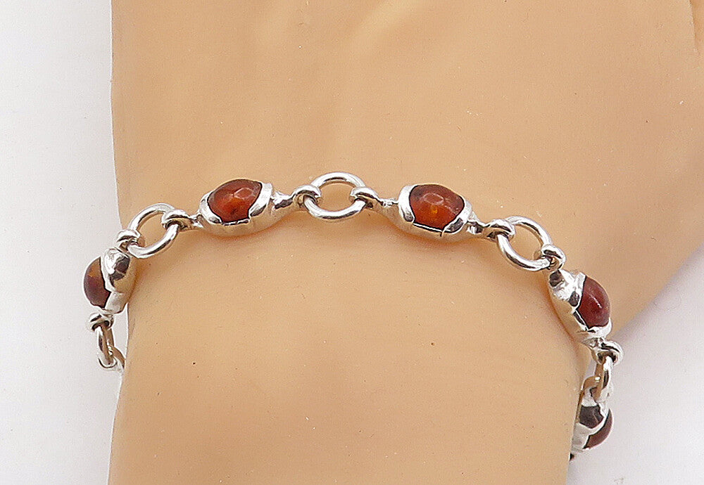 925 Sterling Silver  Cabochon Cut Amber Round Link Chain Bracelet  BT2158