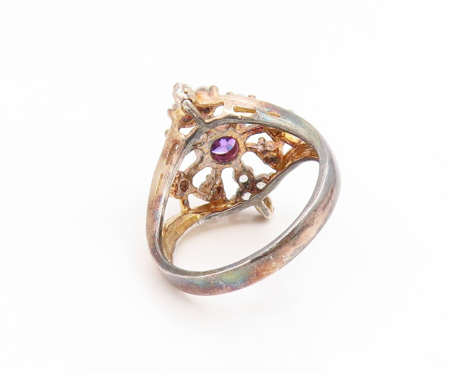 925 Sterling Silver Vintage Ring Gold Plated Amethyst & Topaz Band Sz 8 RG35168