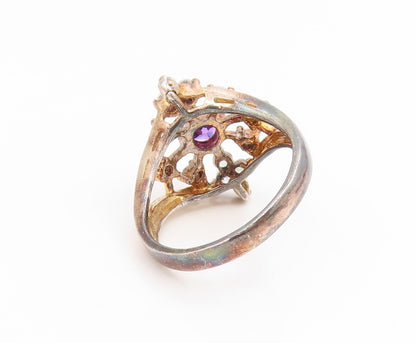 925 Sterling Silver Vintage Ring Gold Plated Amethyst & Topaz Band Sz 8 RG35168