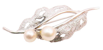 925 Silver  Vintage Cultured Pearls Shiny Floral Leaf Brooch Pin  BP8881